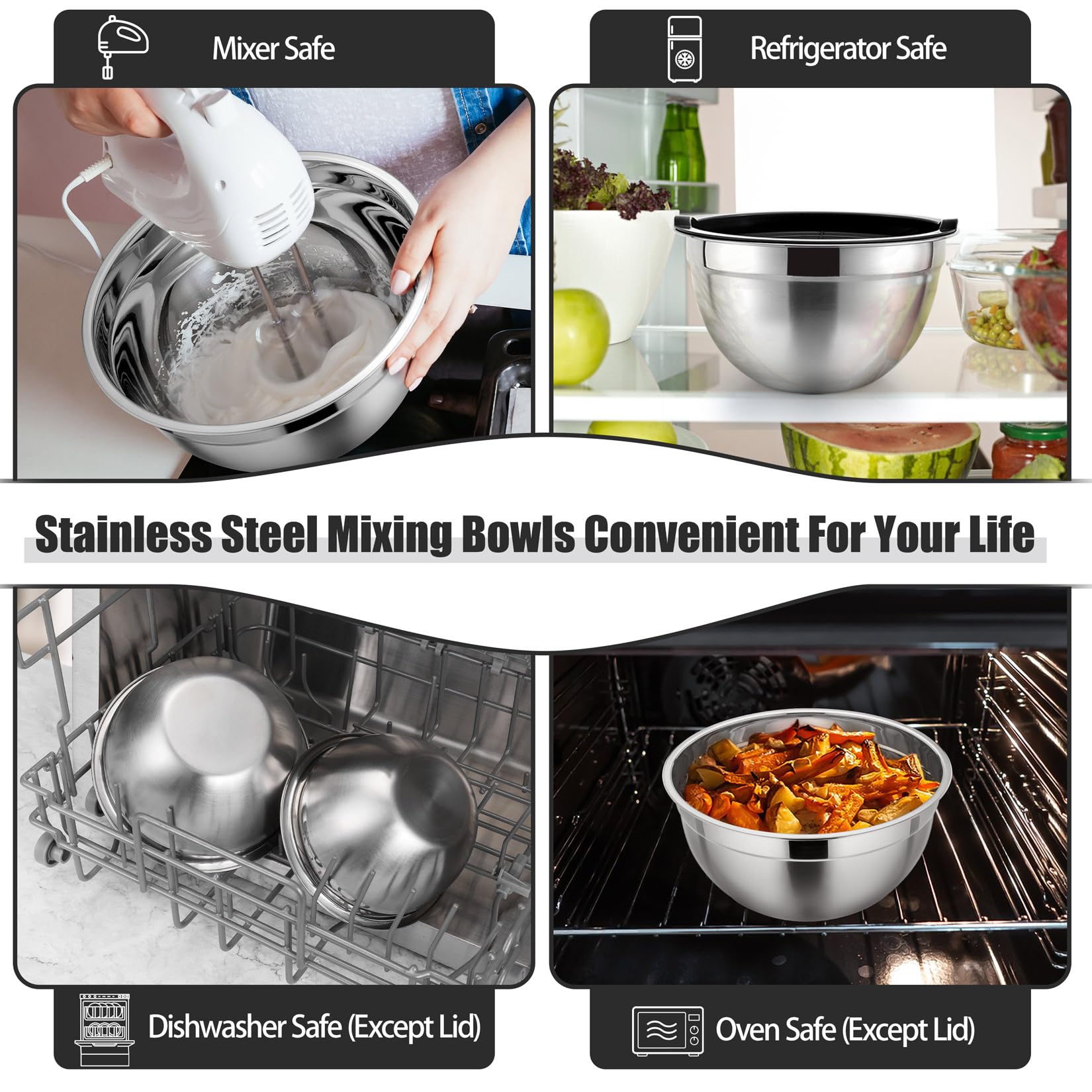 P&P CHEF stainless steel nesting bowls stacked neatly for easy storage.