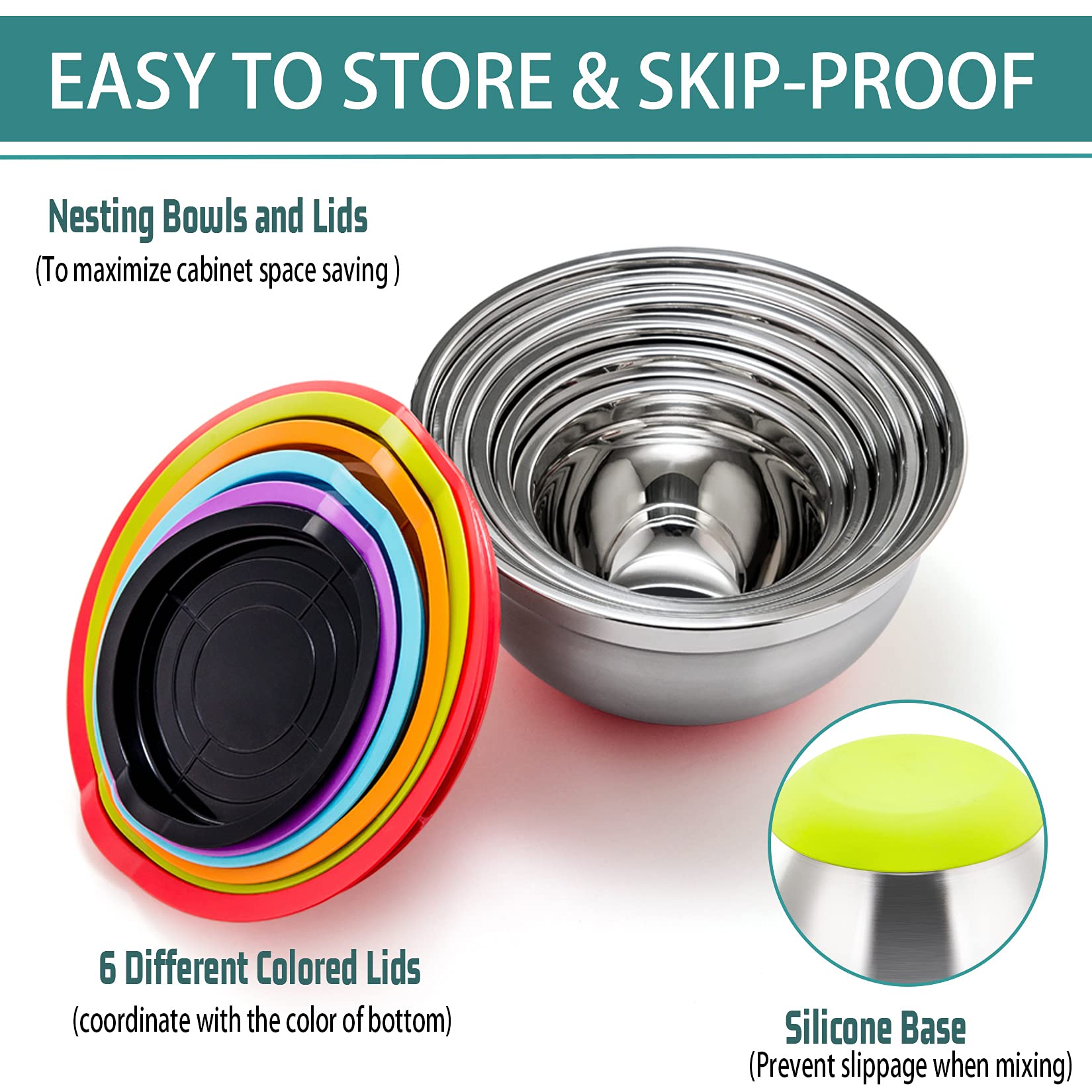 P&amp;P CHEF mixing bowls with colorful lids for airtight storage and easy identification.