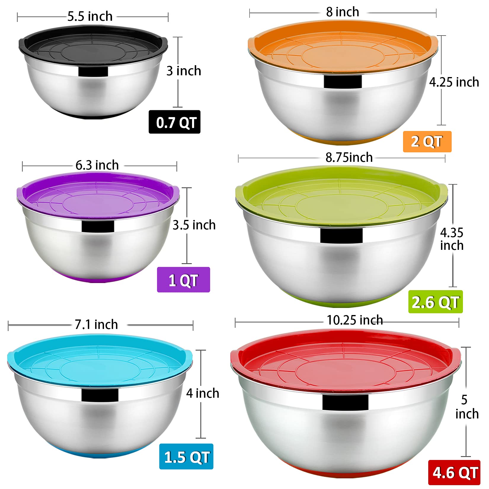 P&amp;P CHEF bowls showing a shiny stainless steel interior for easy cleaning and durability.