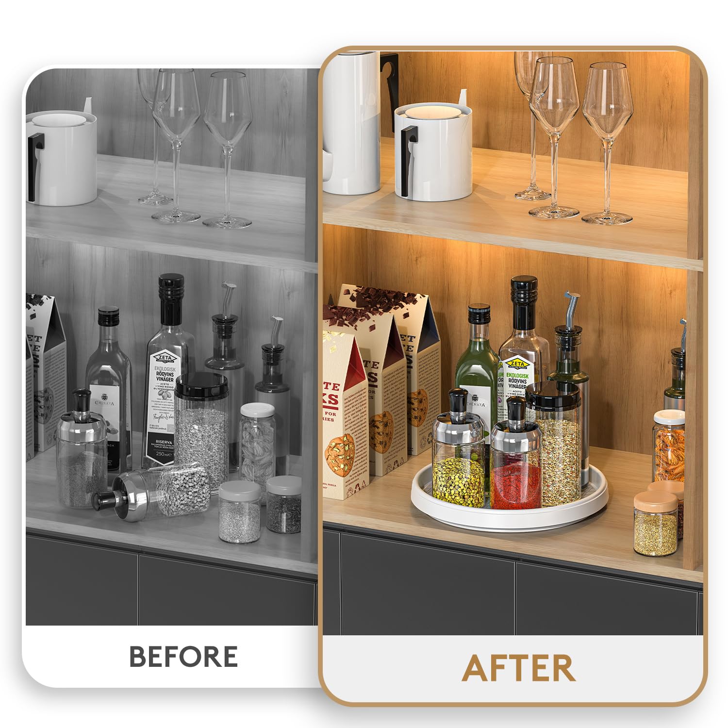 P PRETIRENO Lazy Susan bathroom storage holds toiletries neatly within reach.