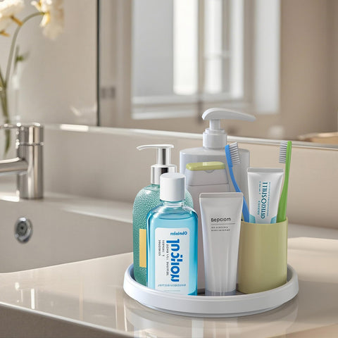 P PRETIRENO Lazy Susan countertop storage keeps daily must-haves visible.