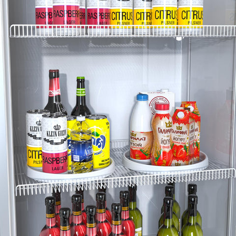 P PRETIRENO Lazy Susan fridge organizer shows bottles at a glance.