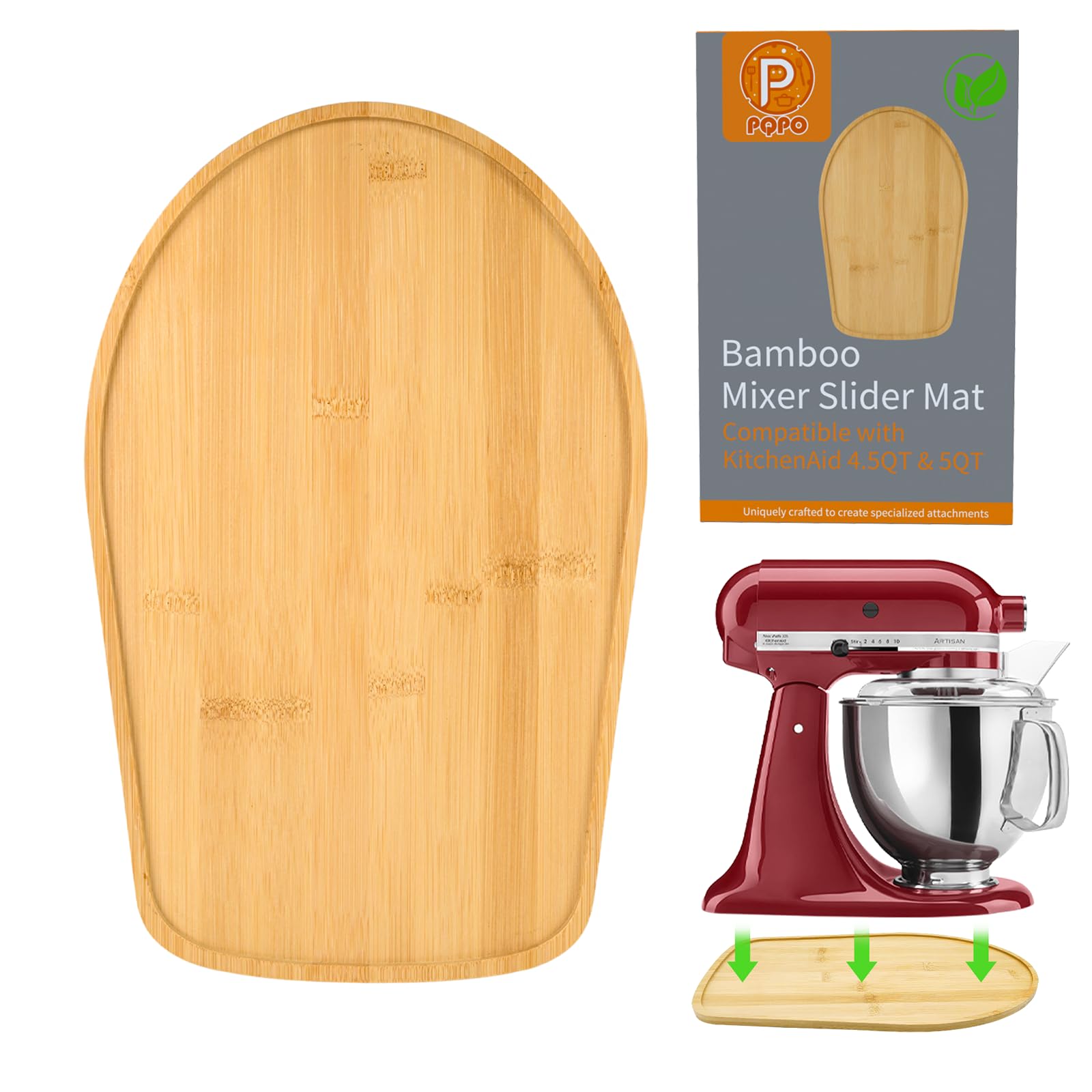PQPO bamboo mixer slider on tilt-head KitchenAid aids easy mobility across the counter