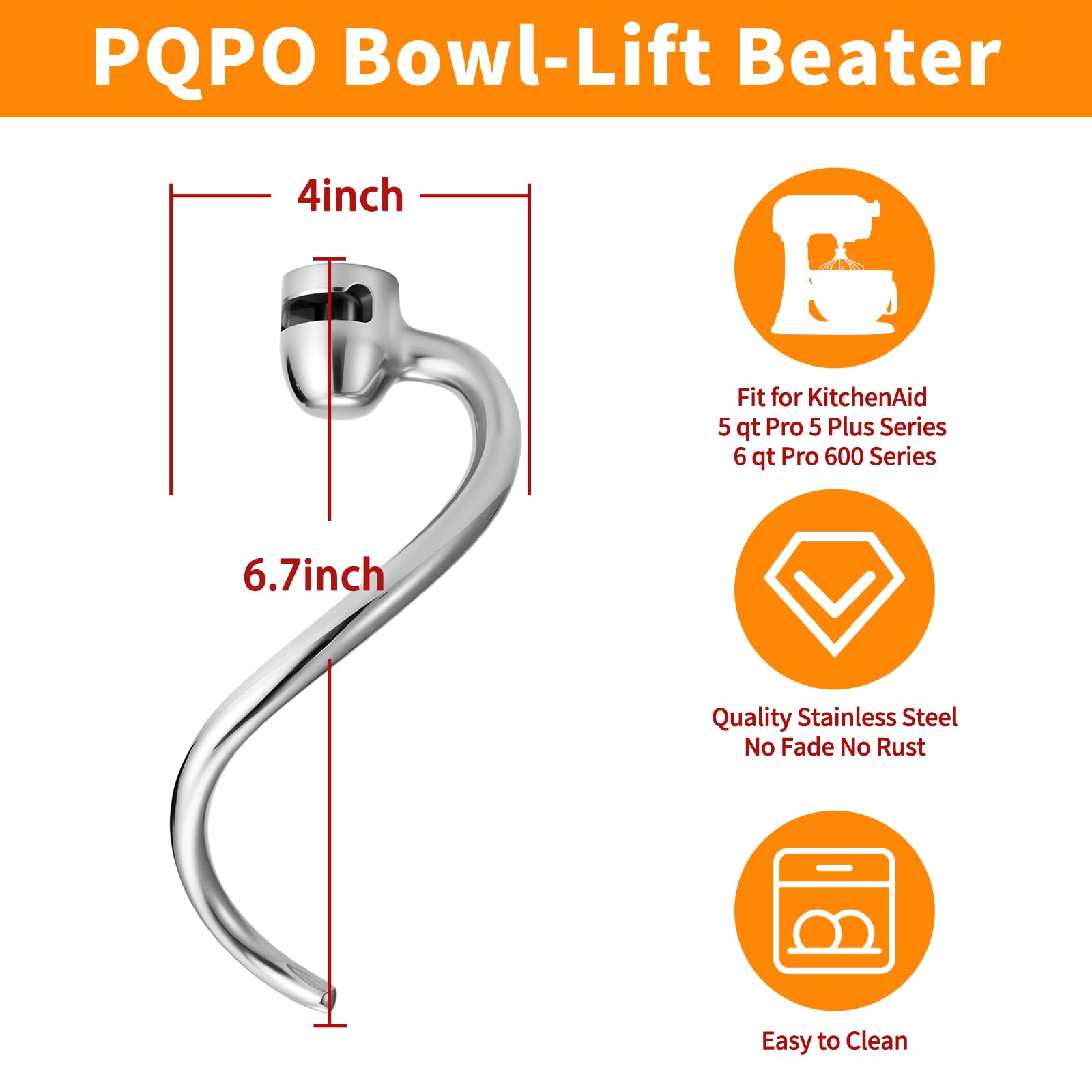 Dishwasher-safe dough hook cleans easily after bread, pizza, or pasta dough