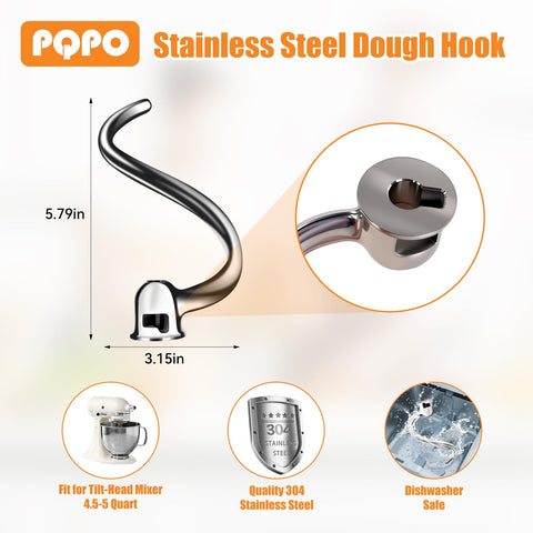 PQPO dough hook demonstrates compatibility with KitchenAid 4.5-5 quart tilt-head mixers.