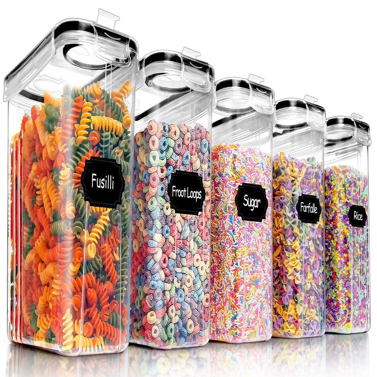 PRAKI 5-piece cereal containers with airtight 4L capacity for pantry organization.