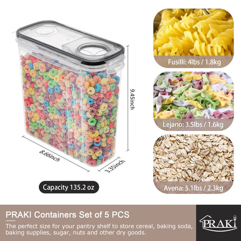 PRAKI airtight lids on cereal containers protect freshness and prevent moisture.