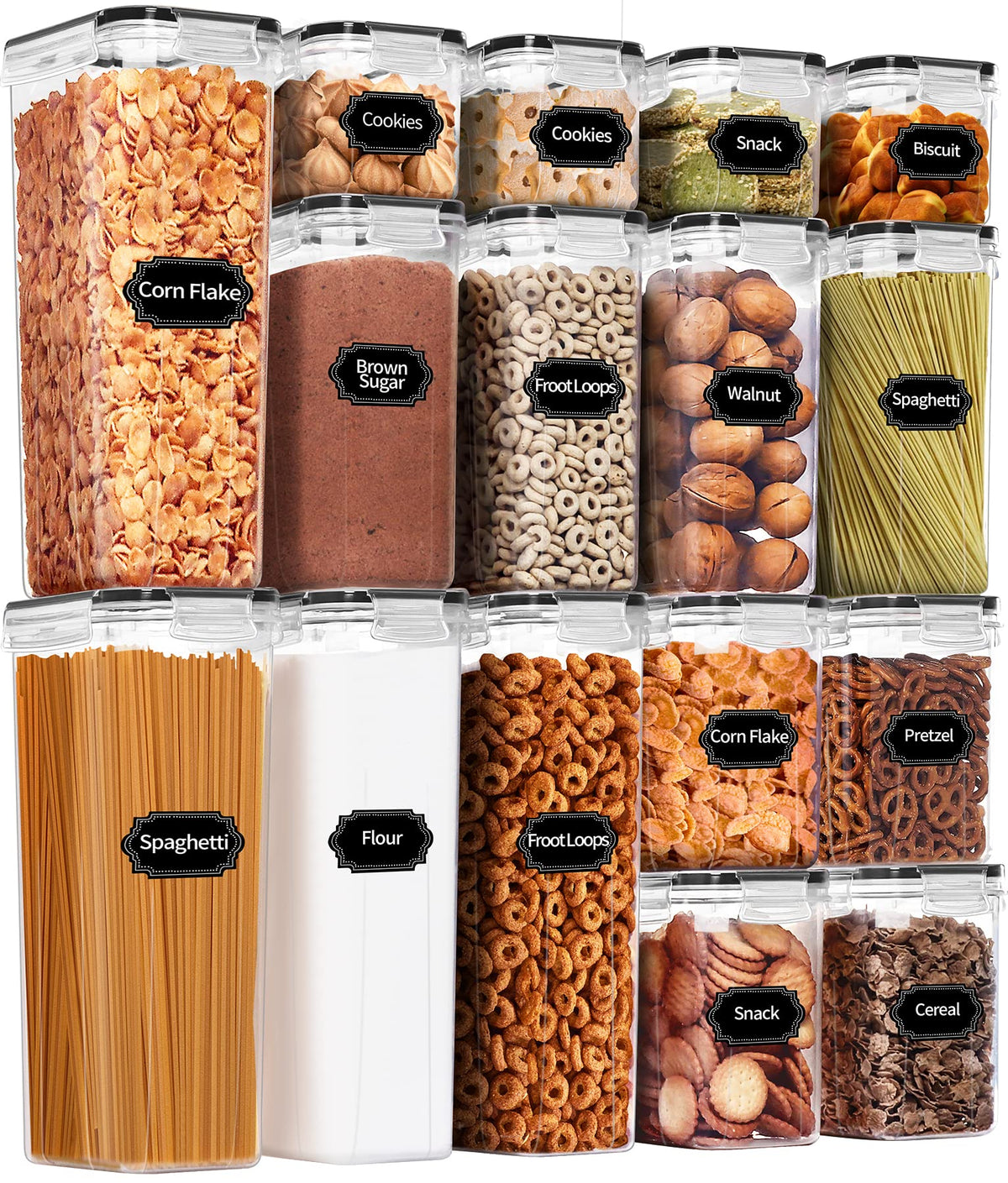 PRAKI airtight tall containers for space-saving pantry storage of flour and cereal.