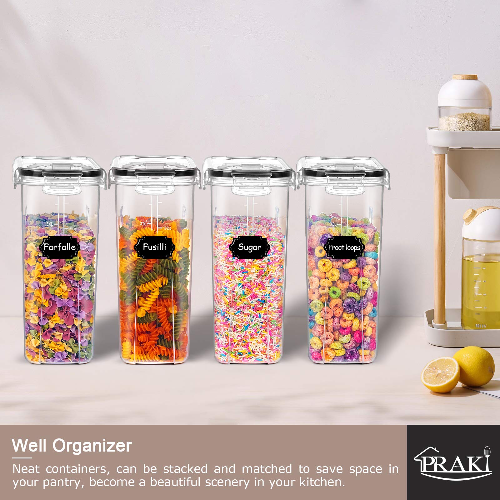PRAKI versatile dry-food storage for sugar, flour, grains, pasta, and snacks.