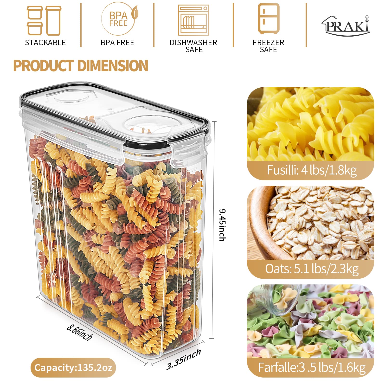 PRAKI pantry dispensers showing airtight lids and silicone seals for leak resistance