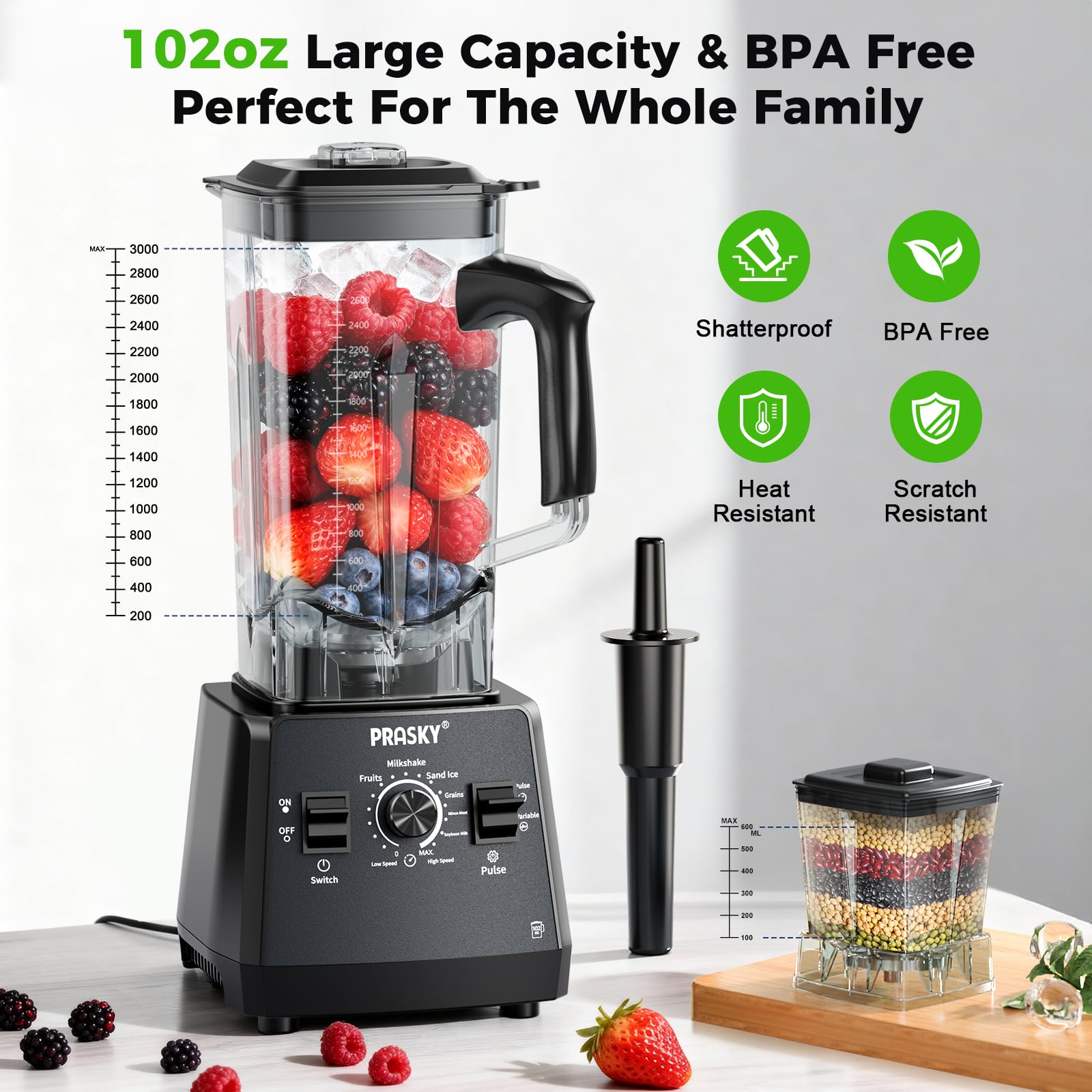 Prasky 2400W motor showcases powerful performance for ice and frozen fruit.