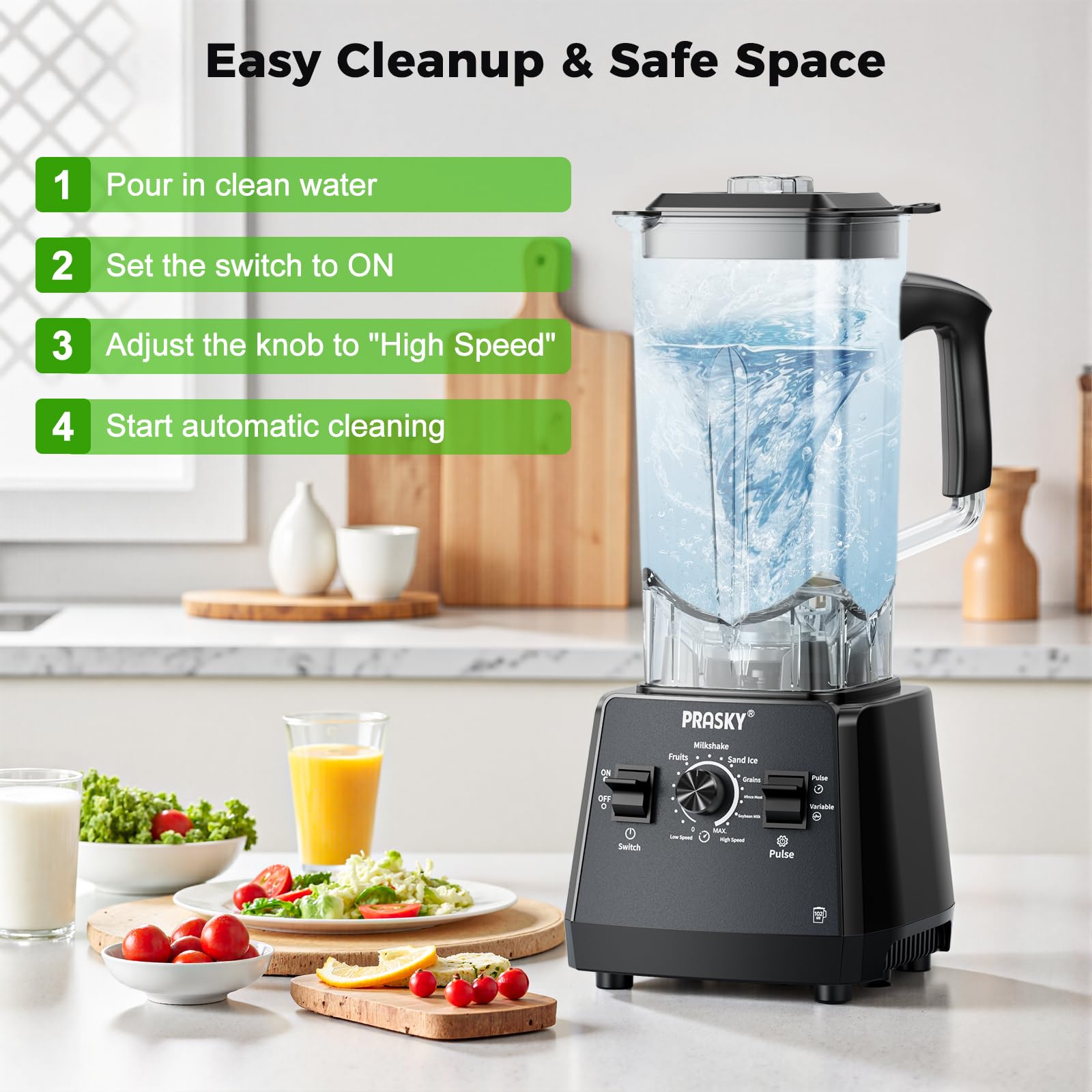 Prasky 6-in-1 function demonstrates grinder, blender, ice crusher, and more.