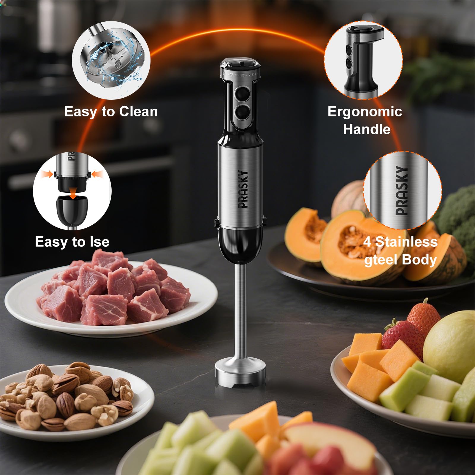 PRASKY 4-blade stainless steel blades ensure even blending
