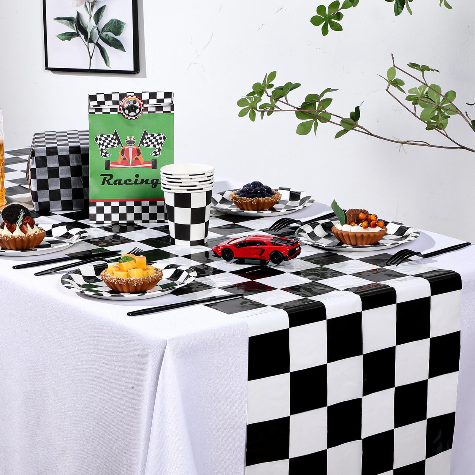 Preboun 14x108-inch black and white checkered runner adds racing flair.
