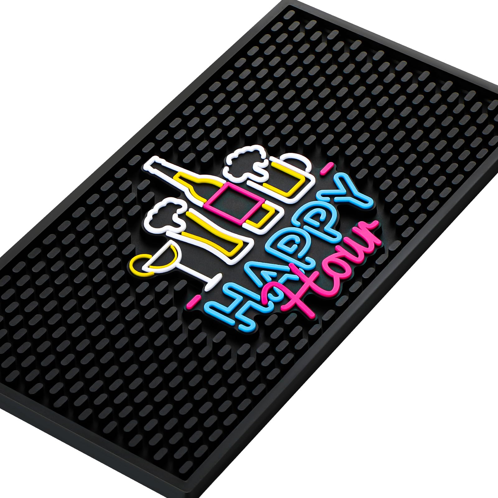 Preboun bar mat with fluorescent pattern on countertop for vibrant setup.