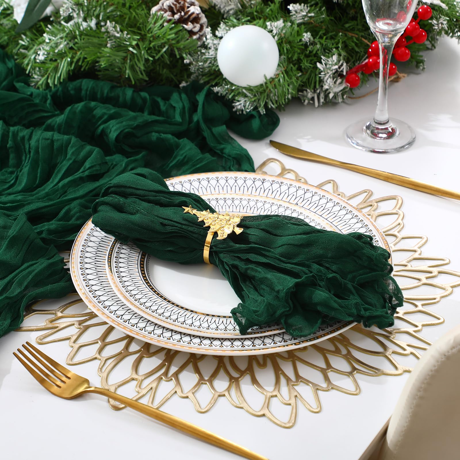 Preboun Christmas cheesecloth table runner emerald green for festive table settings
