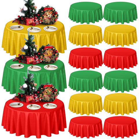 Preboun Christmas round table cover in red-green-gold adds festive style and quick cleanup.
