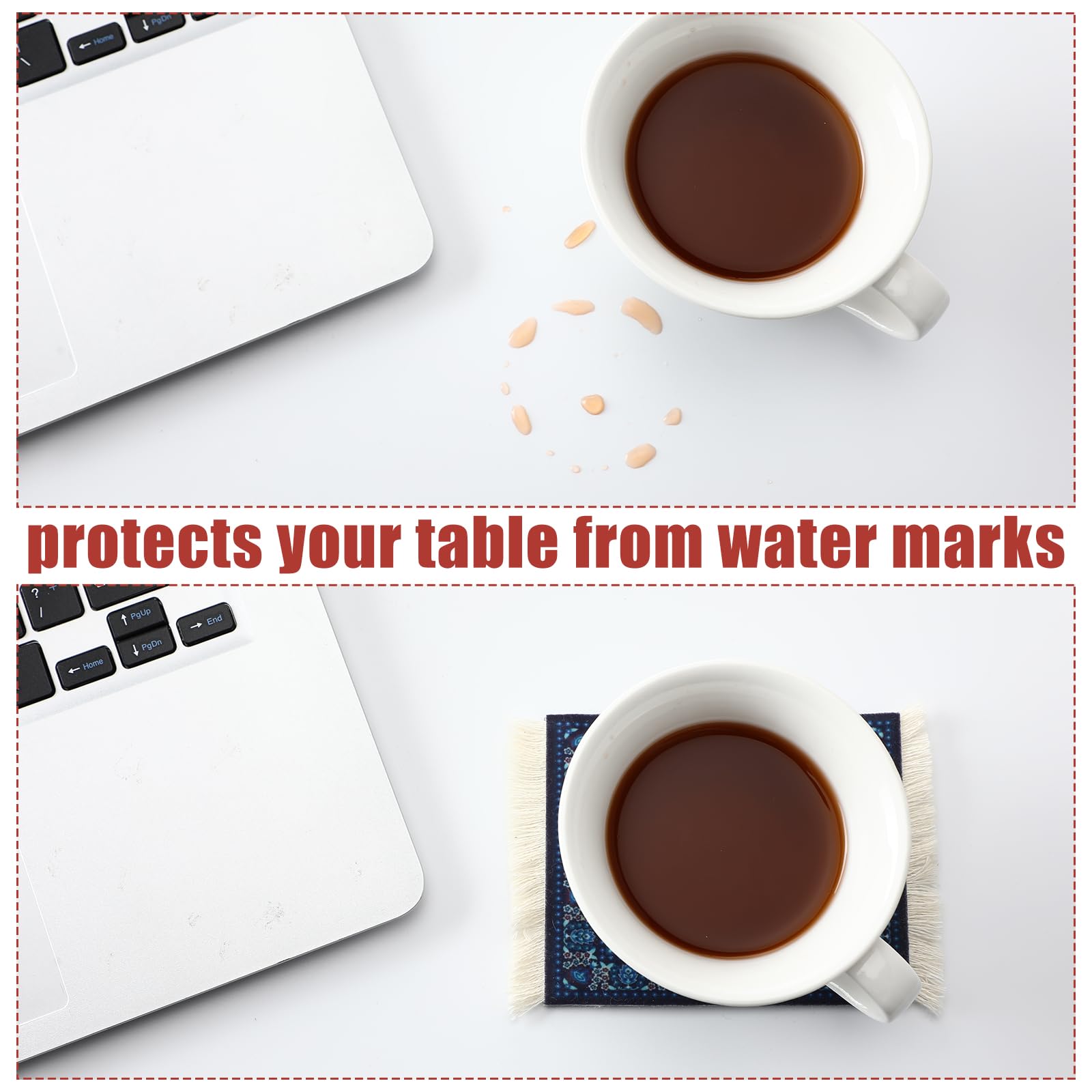 Preboun coaster with rubber backing prevents slips on surfaces