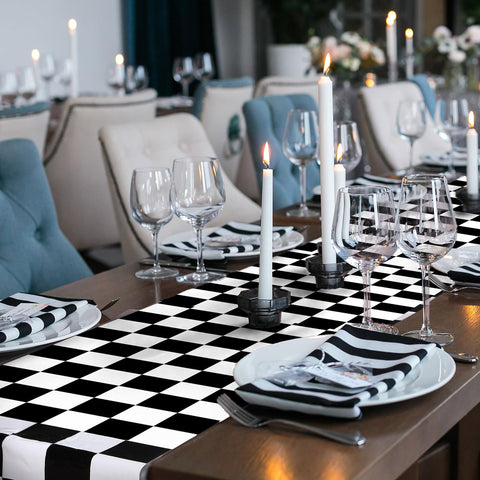 Preboun checkered runner fits most 8-foot rectangle tables for gatherings.