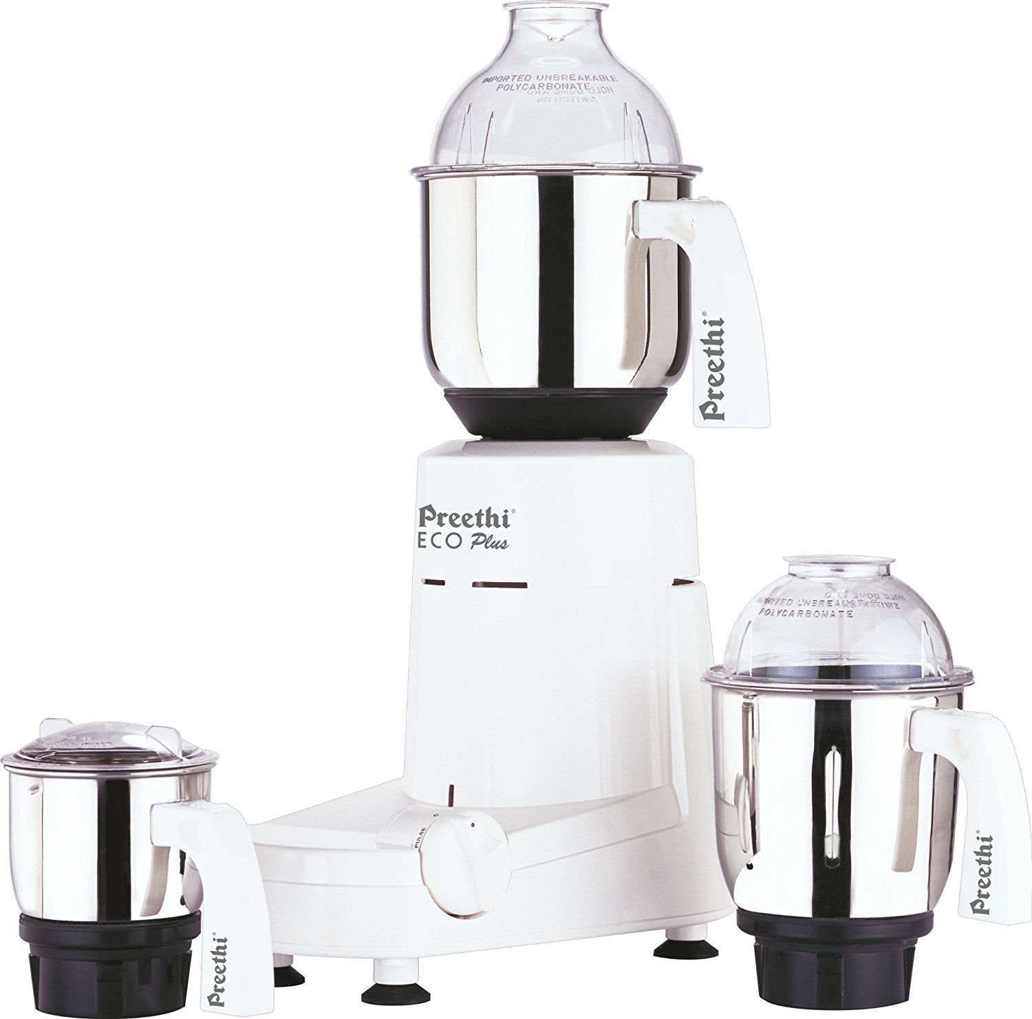 Preethi Eco Plus 110-Volt mixer grinder front view, compact design for versatile grinding.