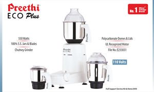 Preethi Eco Plus 3 jars stainless steel set for wet and dry grinding options.