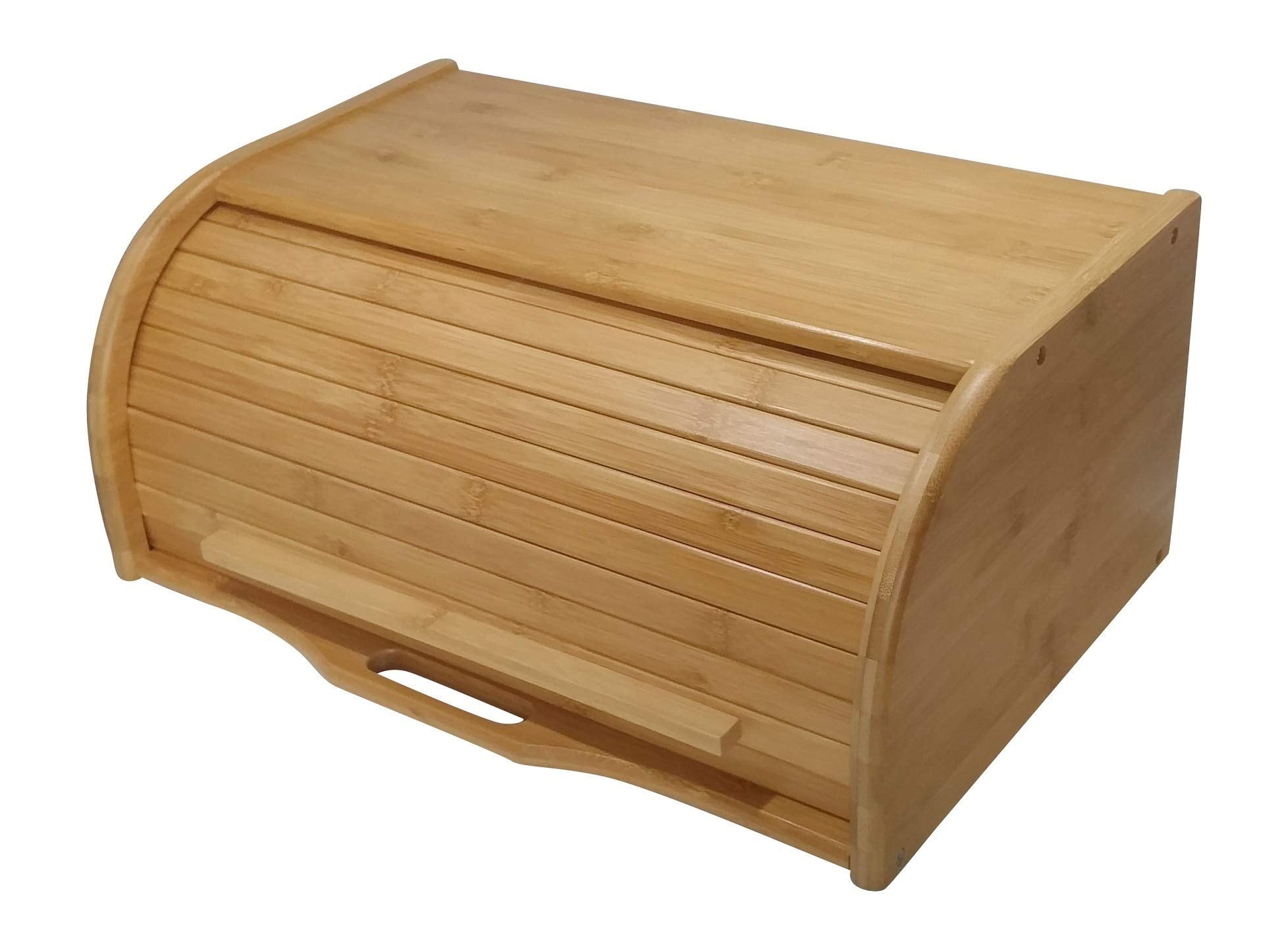 PremiumPresents bamboo roll-top breadbox on the counter for organized bread storage