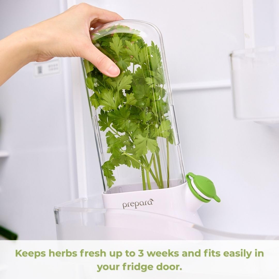 Prepara Herb Savor Eco fits neatly in the fridge door for organized herbs.