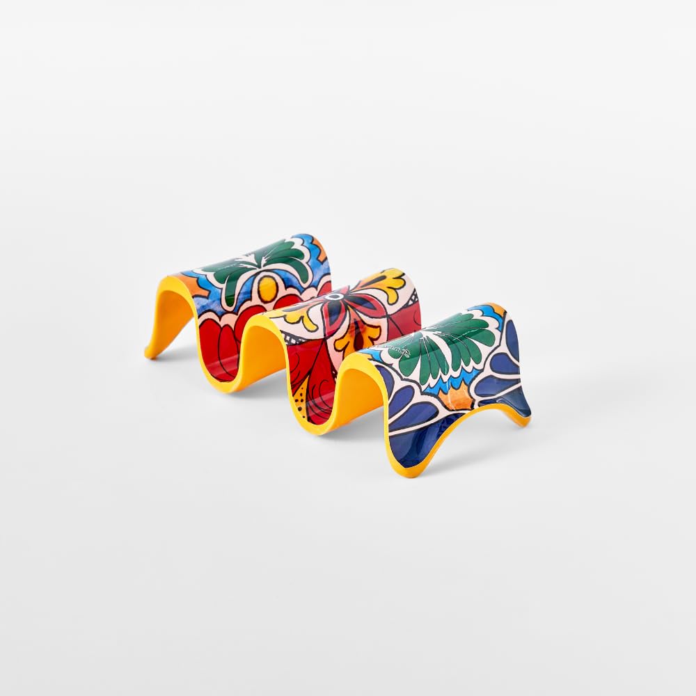 Prepara yellow taco holder keeps 2-3 tacos upright for mess-free filling.