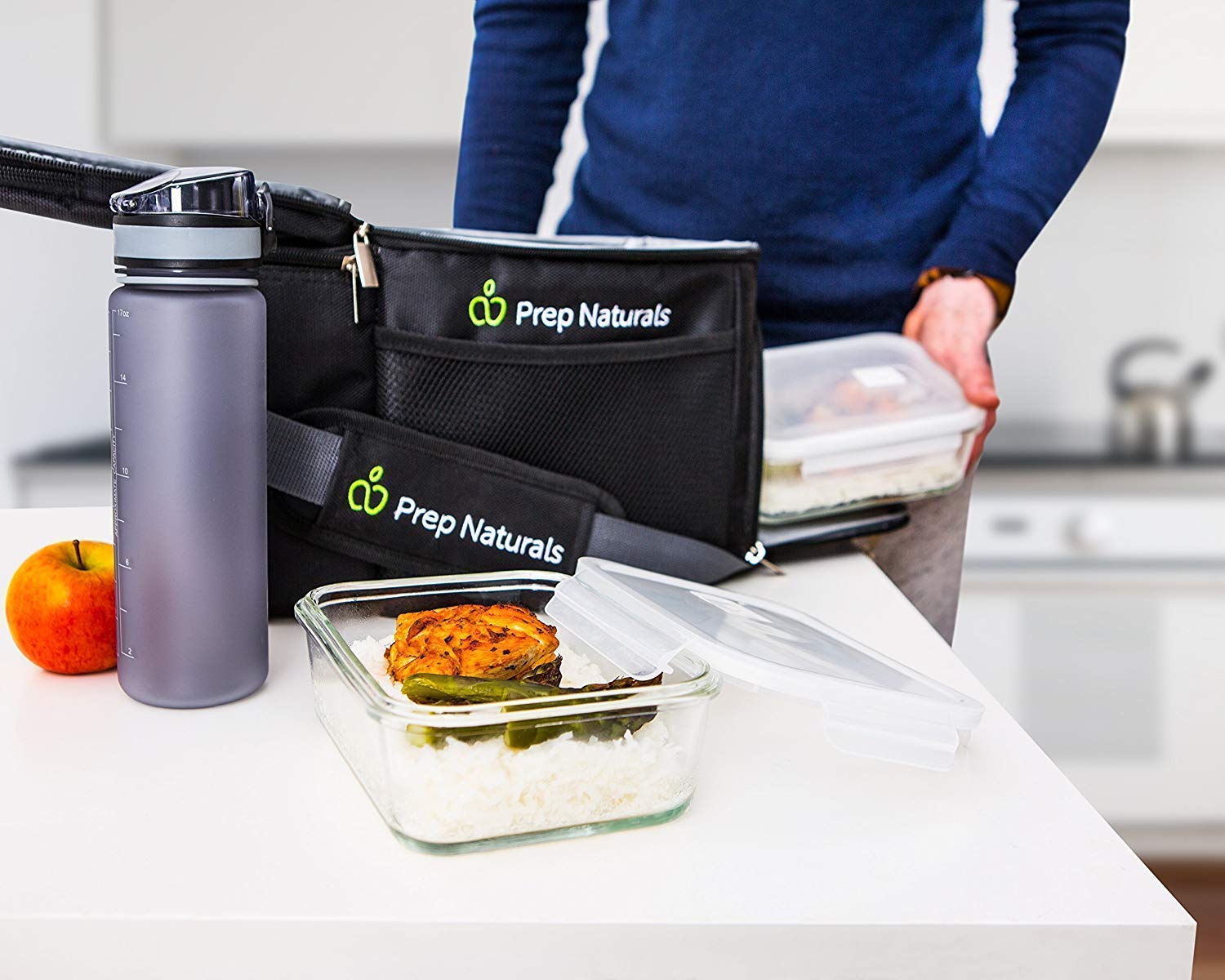 Prep Naturals glass lids with secure seal for fridge-to-table meals.
