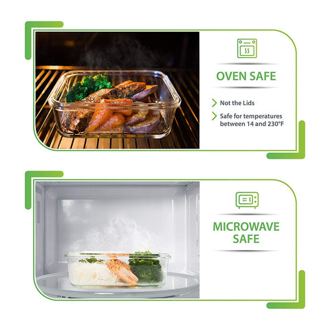 Prep Naturals oven-safe glass containers withstand high heat for reheating.