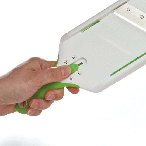 PrepSolutions Adjust-A-Slice dial close-up shows customizable slice thickness for uniform cuts