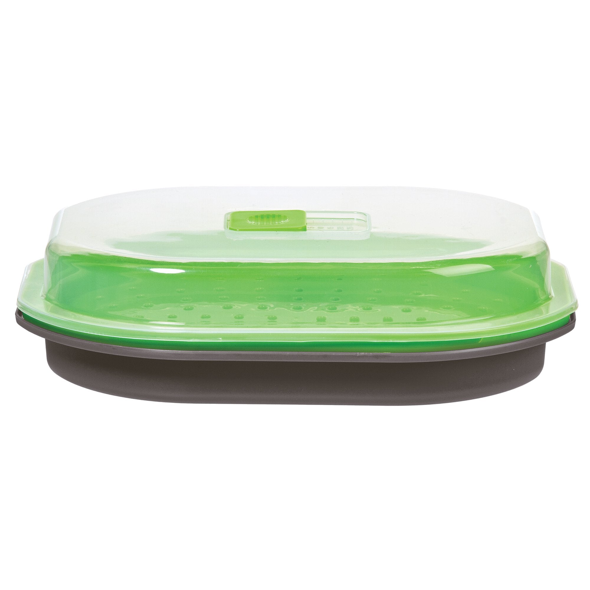 PrepSolutions steamer with adjustable vent shows precise steam control for perfectly cooked vegetables.