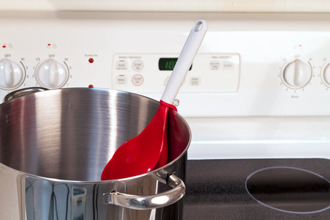 PREPWORKS canning scoop pours from both sides for ambidextrous use.