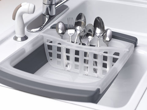 PrepWorks expandable dish rack demonstrates space-saving design for small kitchens.