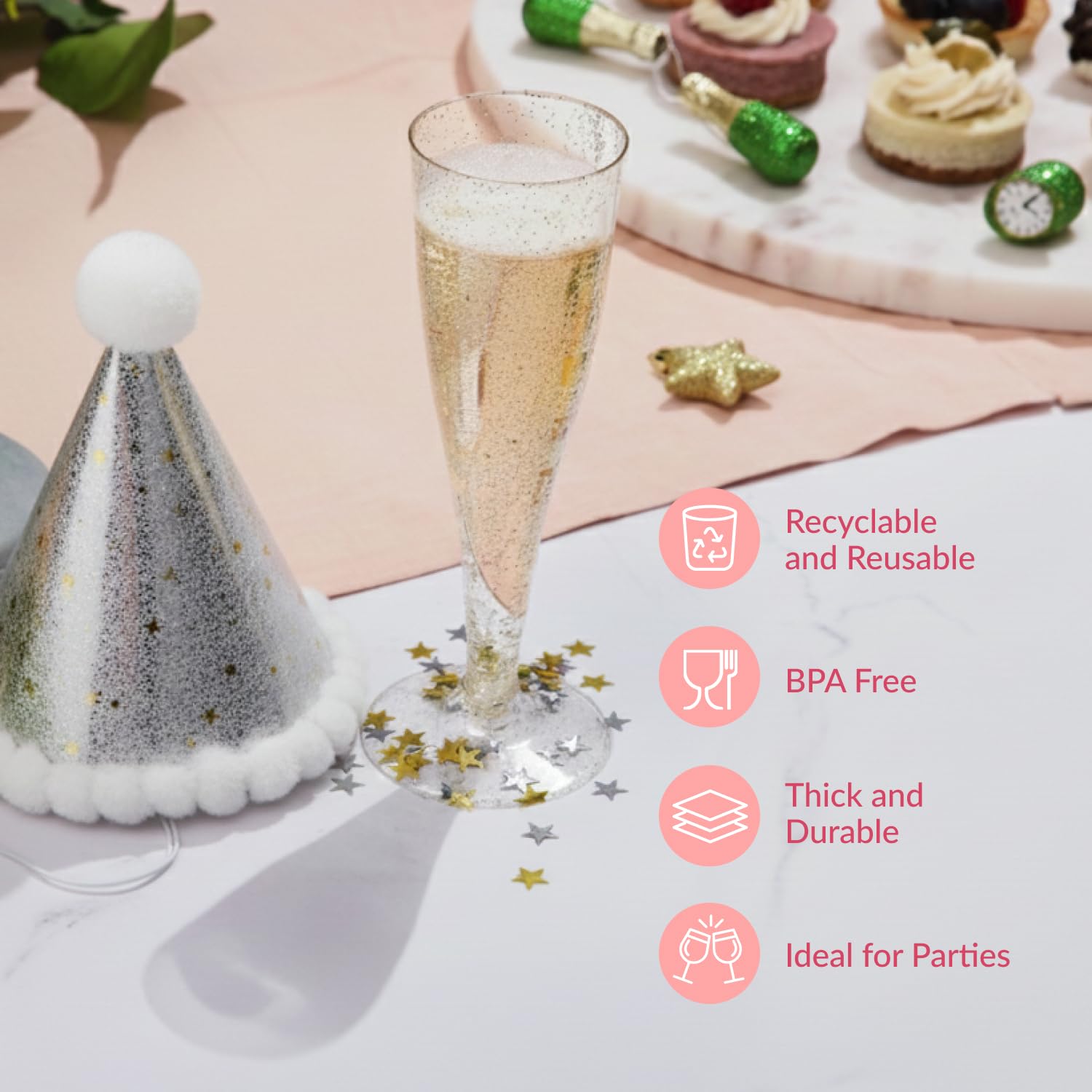 Prestee bulk 100-pack champagne flutes for large gatherings.