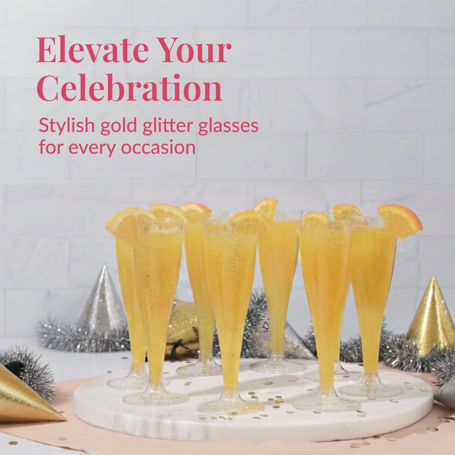 Prestee gold-trim champagne flutes with glitter accents for festive party aesthetics.