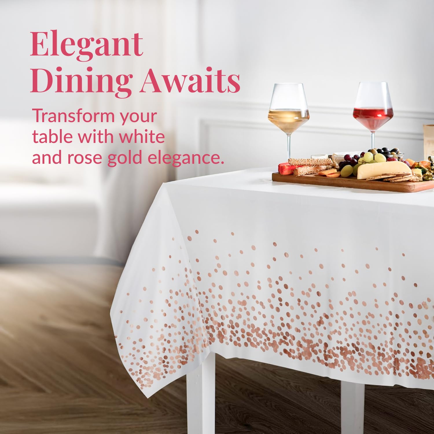 Prestee rose gold table cloth at birthday party adds stylish decor and spill protection