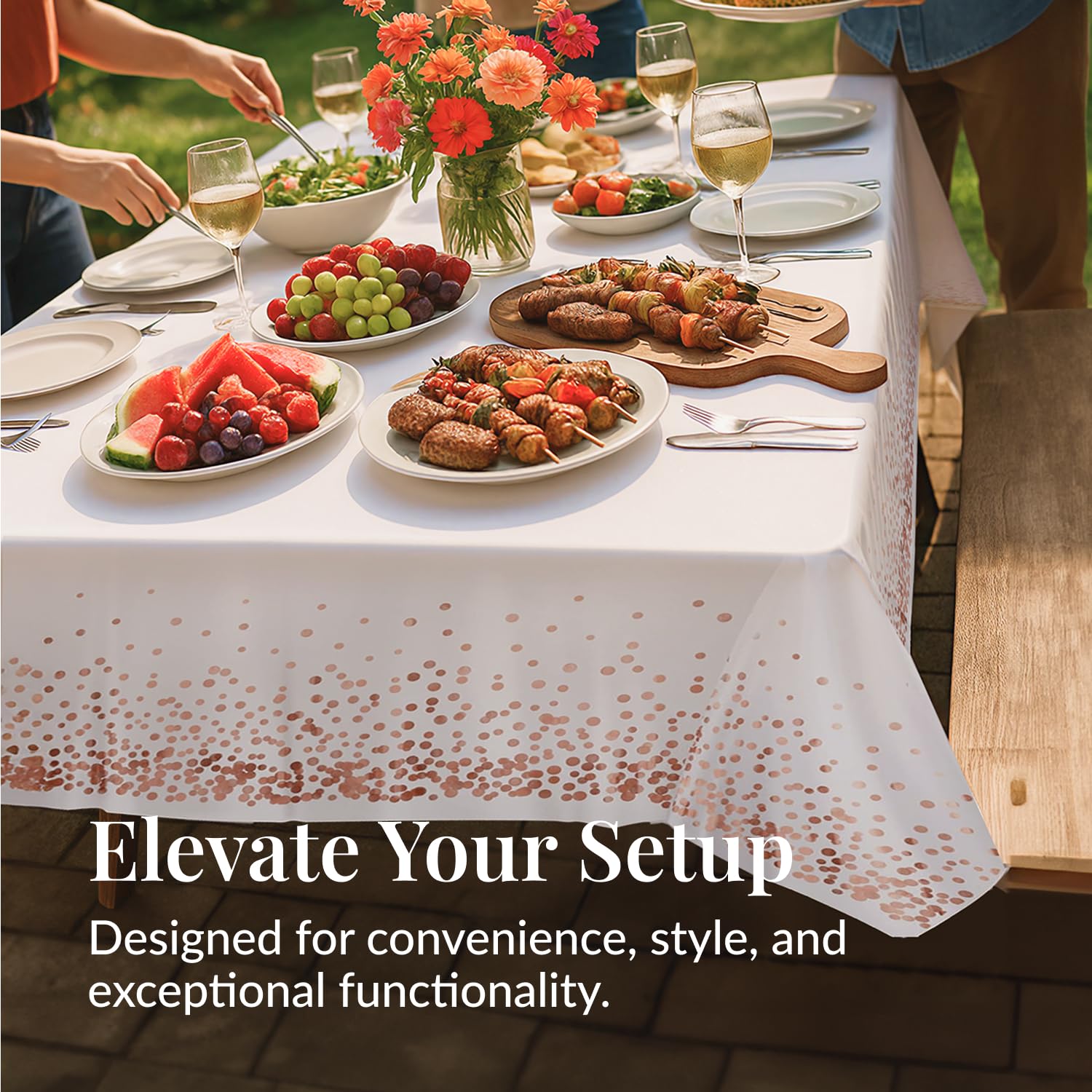 Prestee rose gold table cloth is recyclable after use for responsible cleanup