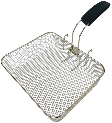 Presto Jumbo ProFry basket being lifted by its stainless steel handle.