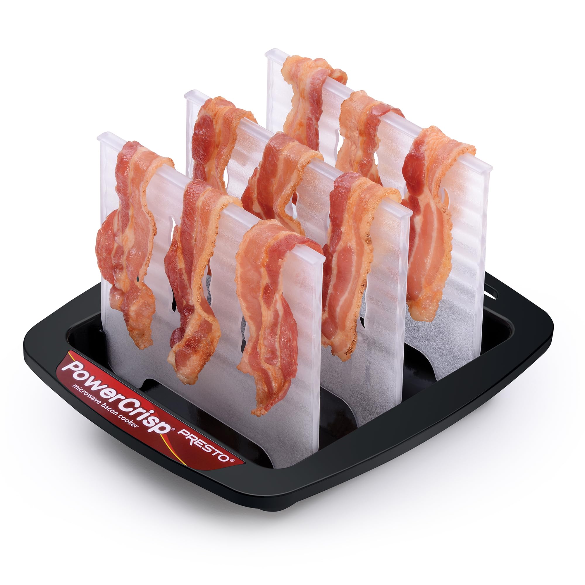Presto microwave bacon cooker top view shows a compact, mess-free cooking setup.