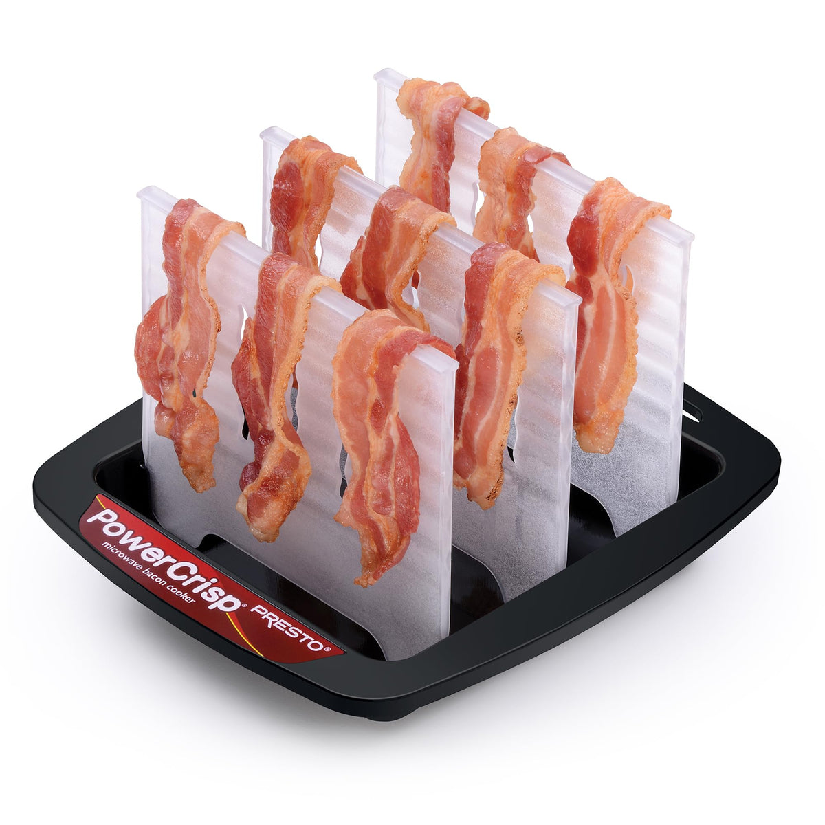 Presto microwave bacon cooker top view shows a compact, mess-free cooking setup.