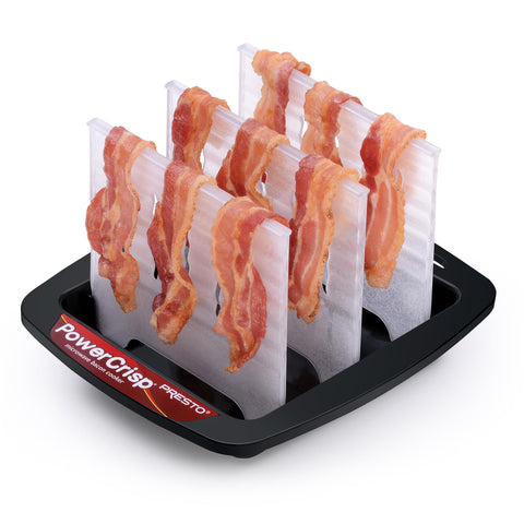 Presto microwave bacon cooker top view shows a compact, mess-free cooking setup.
