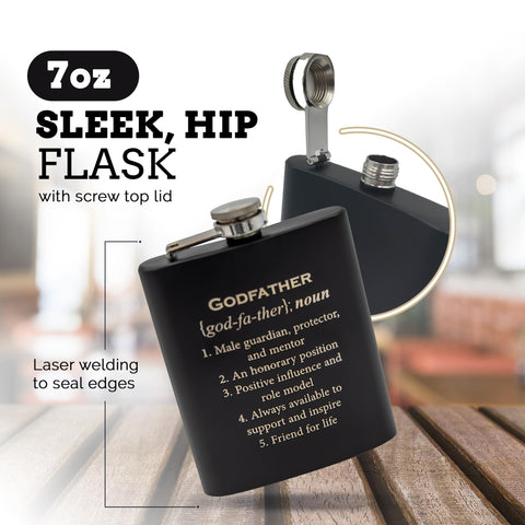 Pretty Inappropriate Godfather Flask black coating highlights permanent engraving for a keepsake
