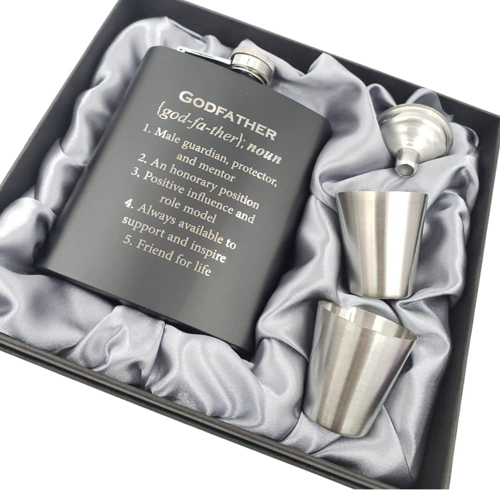 Pretty Inappropriate Godfather Flask Engraved 7oz with sleek black coating for a timeless gift