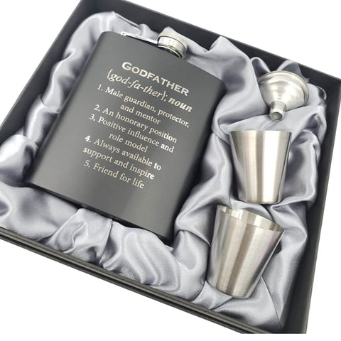 Pretty Inappropriate Godfather Flask Engraved 7oz with sleek black coating for a timeless gift