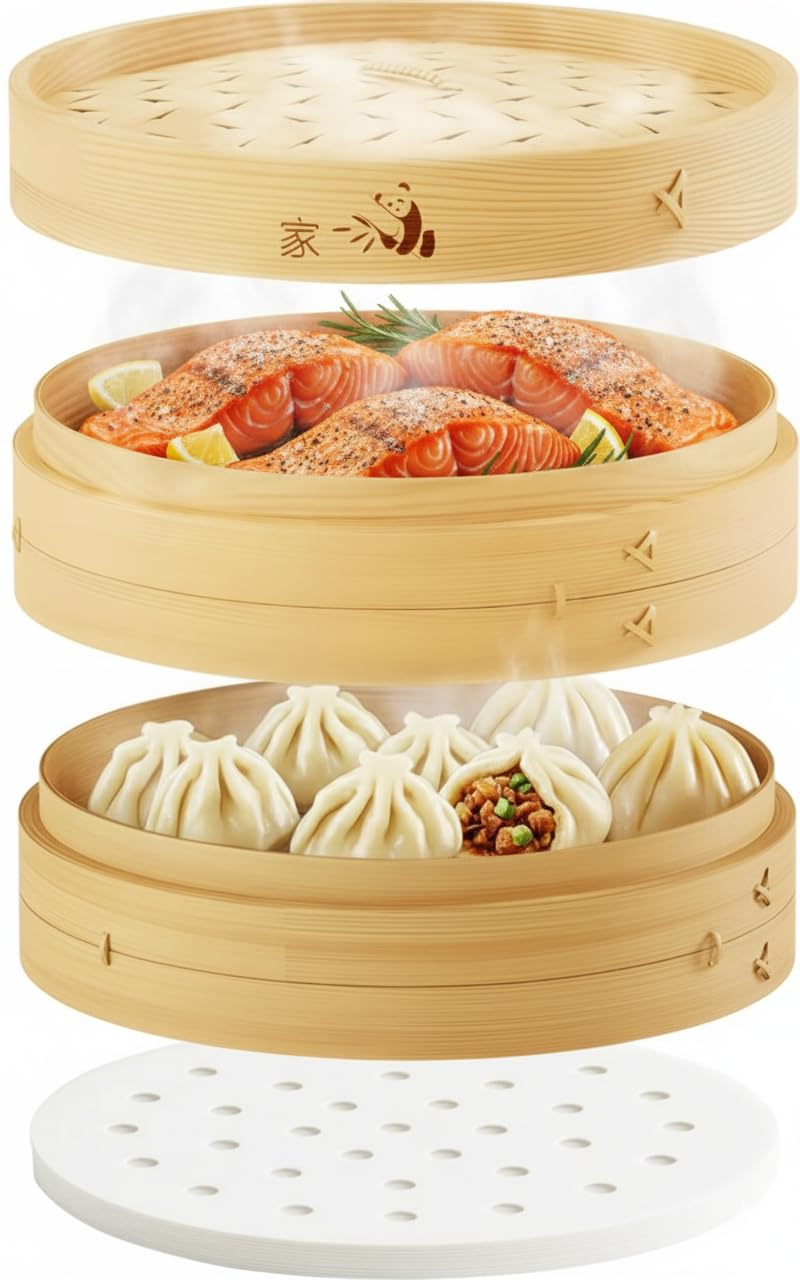 Prime Home Direct 10-inch bamboo steamer basket with two tiers for multi-dish steaming.