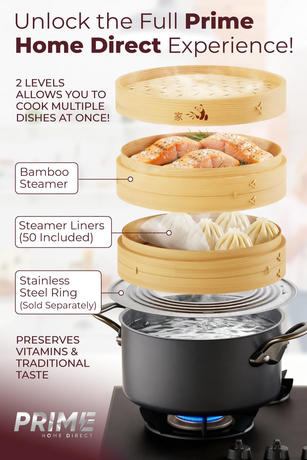 Prime Home Direct 2-tier steamer stack ready for multi-dish steam.