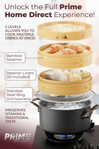 Prime Home Direct 2-tier steamer stack ready for multi-dish steam.