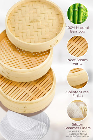 Prime Home Direct domed lid keeps condensation at bay for even steaming.