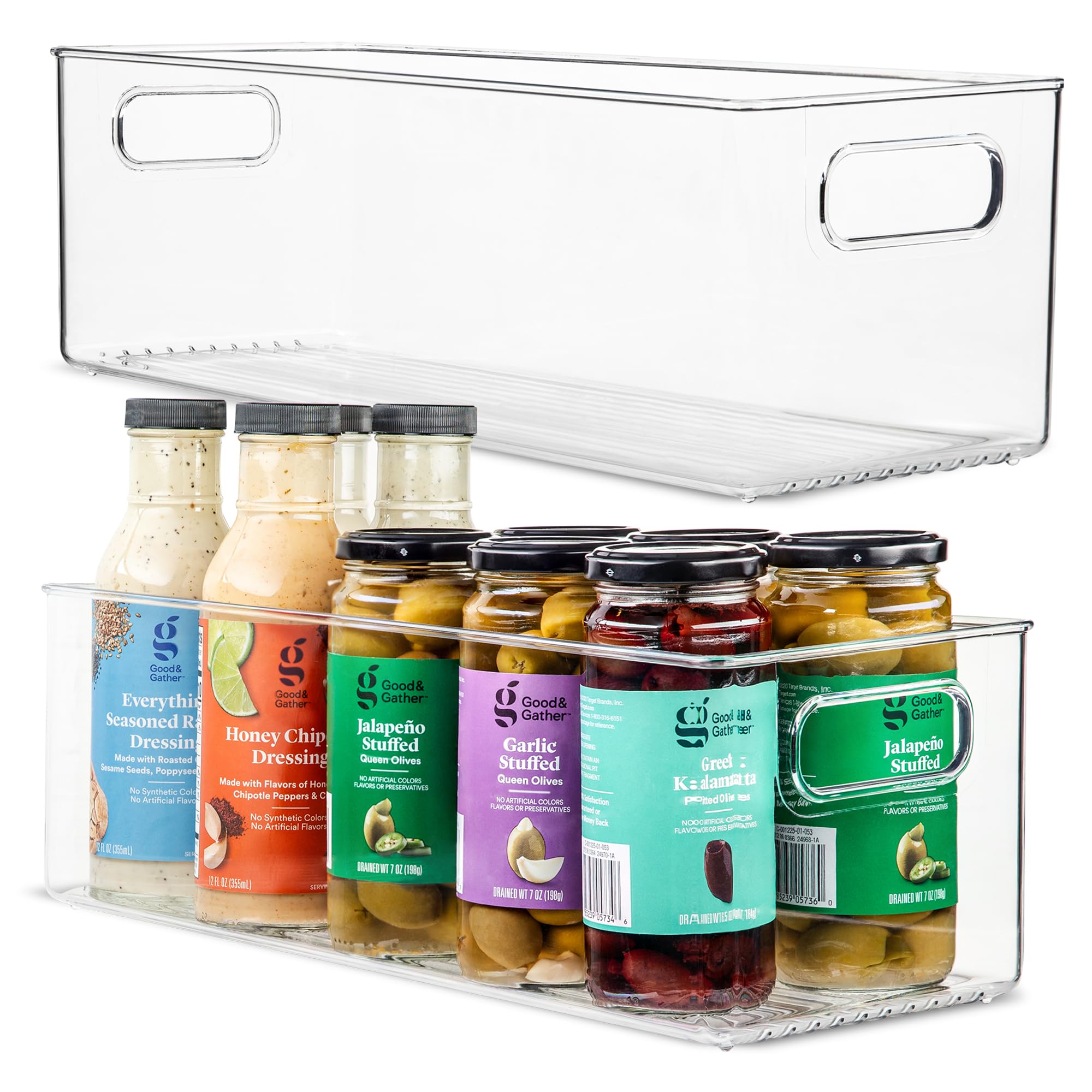 Primebox clear container bin with handles for easy access and organized pantry.